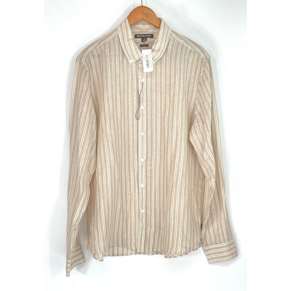 NWT Michael Kors Men Shirt XL Slim Fit Tan White Striped Linen Blend Long Sleeve